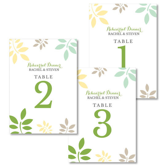 Green and Yellow Botanical Leaves Table Number Cards